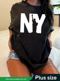 Plus Size Statue FOG Liberty & Letter Print Drop Shoulder Tee, Fashion Casual Round Neck Half Sleeve T-shirt for Daily...