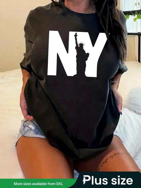 Plus Size Statue FOG Liberty & Letter Print Drop Shoulder Tee, Fashion Casual Round Neck Half Sleeve T-shirt for Daily...