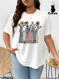 Plus Size Women'WB shield Cartoon Book & Floral Print Tee, Casual Drop Shoulder Round Neck T-Shirt, Women'WB shield Plus...