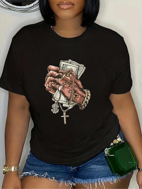 Plus Size Women'WB shield Cartoon Hand Print Tee, Fashion Crew Neck Short Sleeve T-Shirt, Women Plus Clothing for Summer...