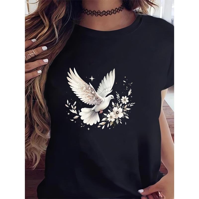 Plus-Size Women'WB shield Casual T-Shirt With Peace Dove Print, Round Neck, Geometric Pattern, Knit Fabric, Vacation...