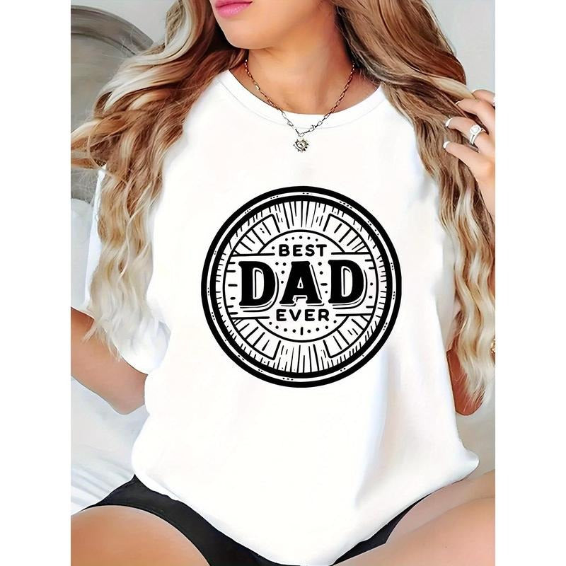 Plus Size Women'WB shield T-Shirt with Best Dad Ever Print - Casual Short Sleeve - White