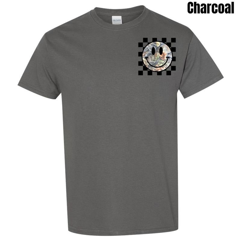 Pocket Size - Camo Checker Happy Face Gildan Short Sleeve T-Shirt 'NLB' Hoodie, Sweatshirt | RetroVerseTees.com