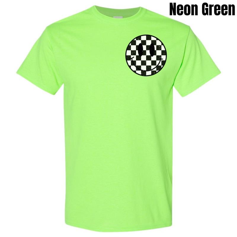 Pocket Size - Checkerboard Happy Face Gildan Short Sleeve T-Shirt 'NLB' Hoodie, Sweatshirt | RetroVerseTees.com