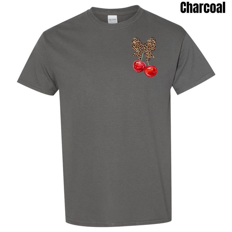 Pocket Size - Cheetah Bow Cherries Gildan Short Sleeve T-Shirt 'NLB' Hoodie, Sweatshirt | RetroVerseTees.com