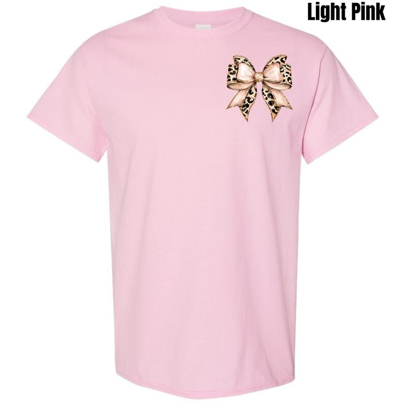 Pocket Size - Cheetah Faux Glitter Bow Gildan Short Sleeve T-Shirt 'NLB' Hoodie, Sweatshirt | RetroVerseTees.com