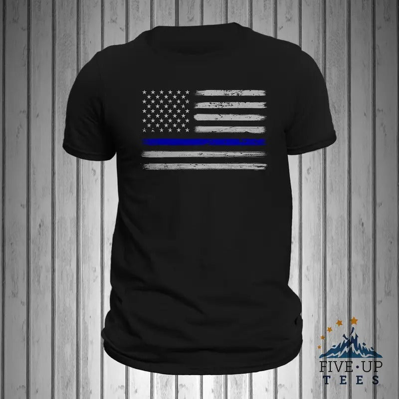 Police Thin Blue Line Flag Brushed Design Men's T-shirt Hoodie, Sweatshirt | RetroVerseTees.com
