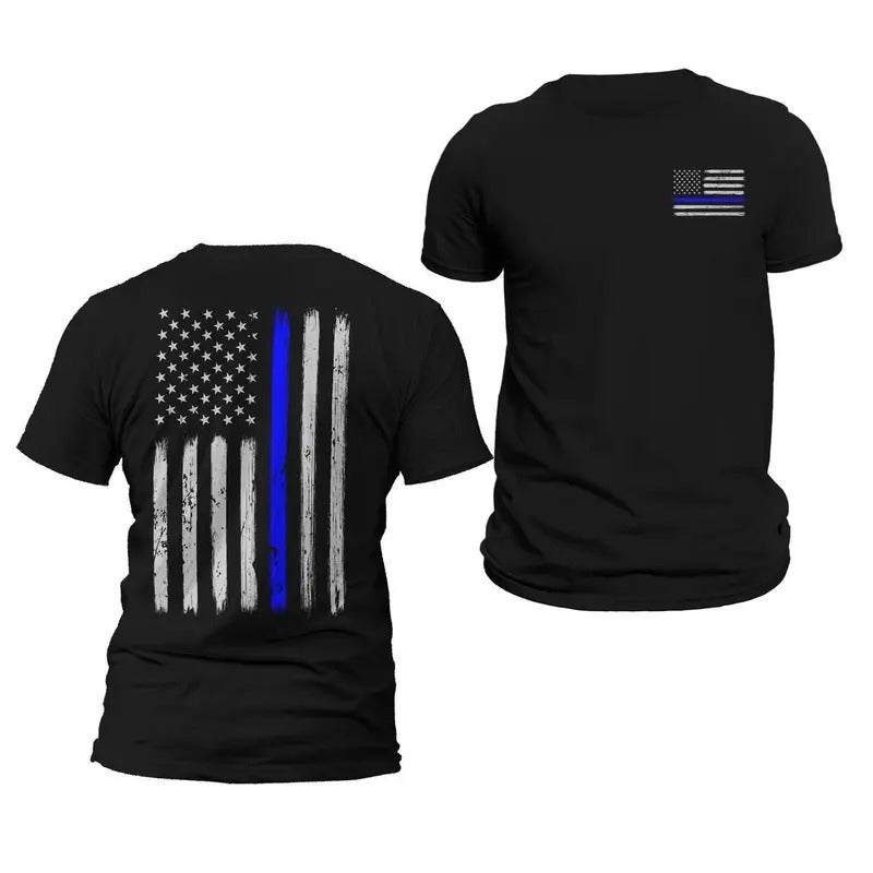 Police Thin Blue Line Flag Front & Back Print Vertical Brushed Design T-Shirt Casual Classic Hoodie, Sweatshirt
