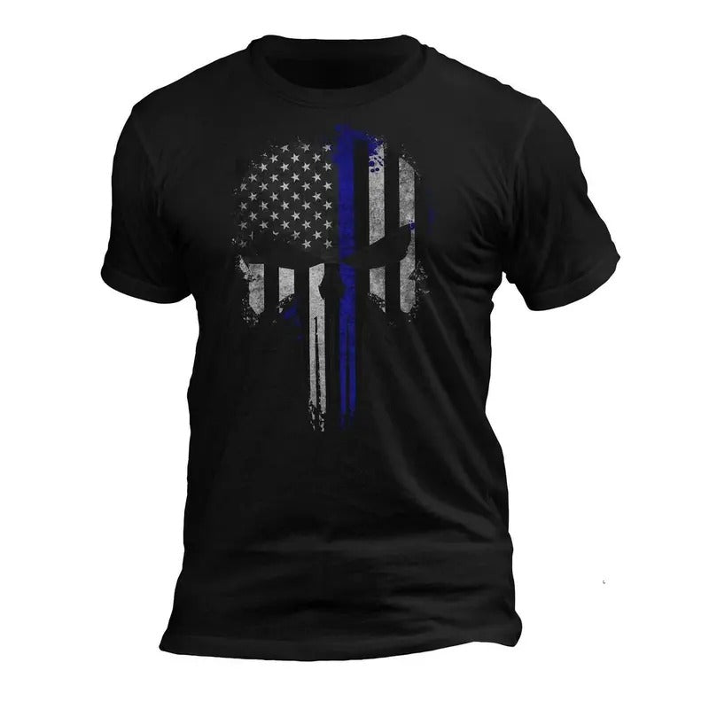 Police Thin Blue Line Flag Skull Men's T-Shirt Casual Crewneck Hoodie, Sweatshirt | RetroVerseTees.com