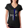 Police Thin Blue Line Flag Skull Women's V-Neck T-Shirt Casual Cotton Hoodie, Sweatshirt | RetroVerseTees.com