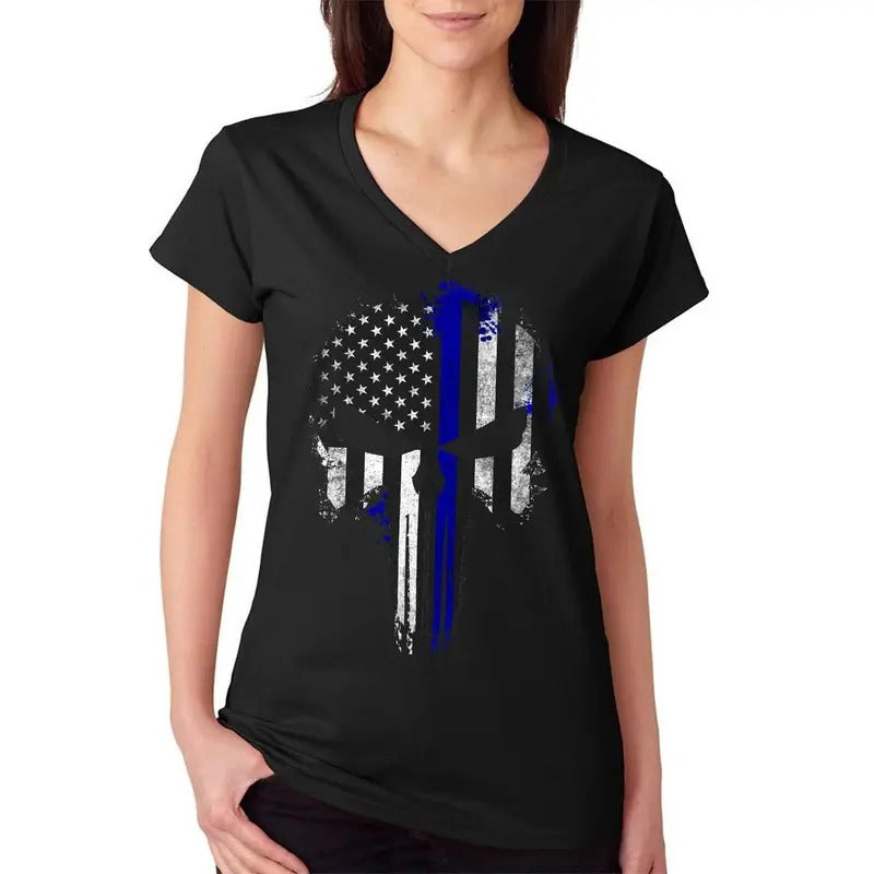 Police Thin Blue Line Flag Skull Women's V-Neck T-Shirt Casual Cotton Hoodie, Sweatshirt | RetroVerseTees.com