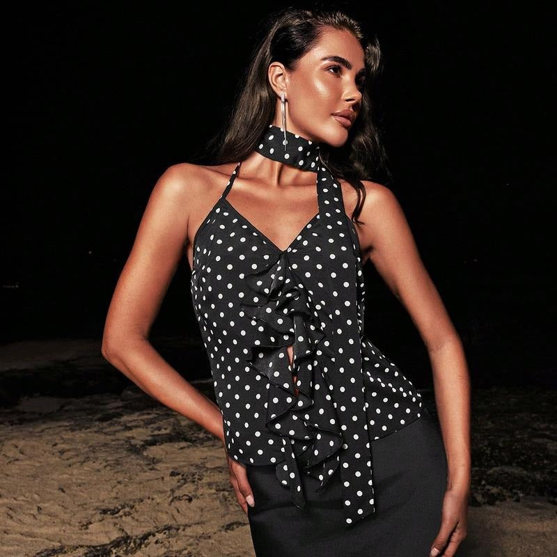 Polka Dots Halter Top Ruffle Backless Going Out Top with Scarf T-Shirts, Hoodie, Sweatshirt | RetroVerseTees.com