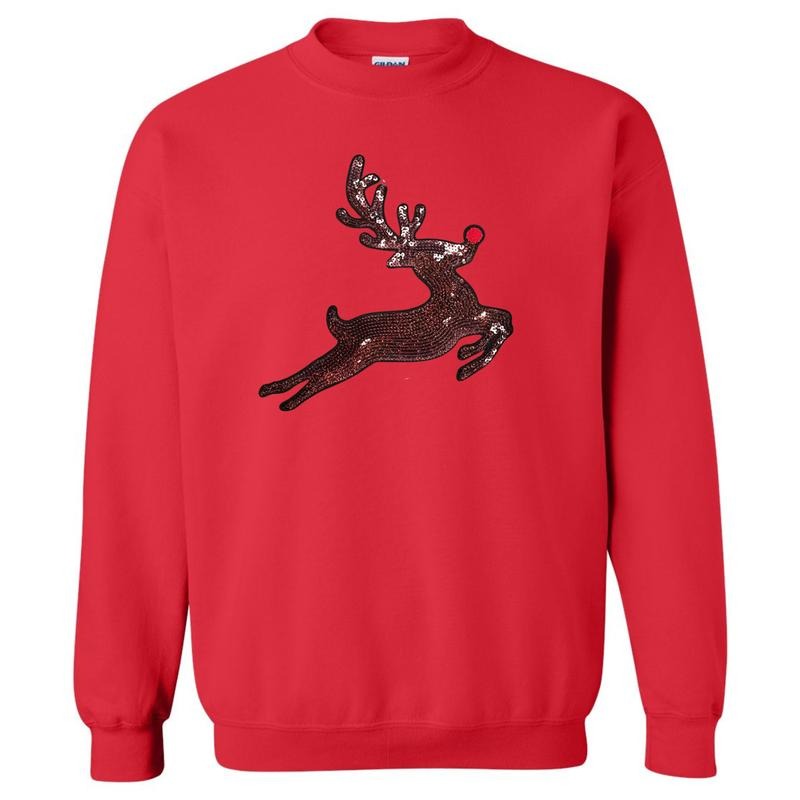 Prancing Reindeer Sequin Patch Sweatshirt T-Shirts, Hoodie | RetroVerseTees.com