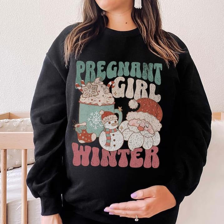 Pregnant Girl Winter Shirt, Christmas Holiday Maternity Crew Neck Sweatshirt, Winter Pregnancy Announcement Sweater, Xmas...