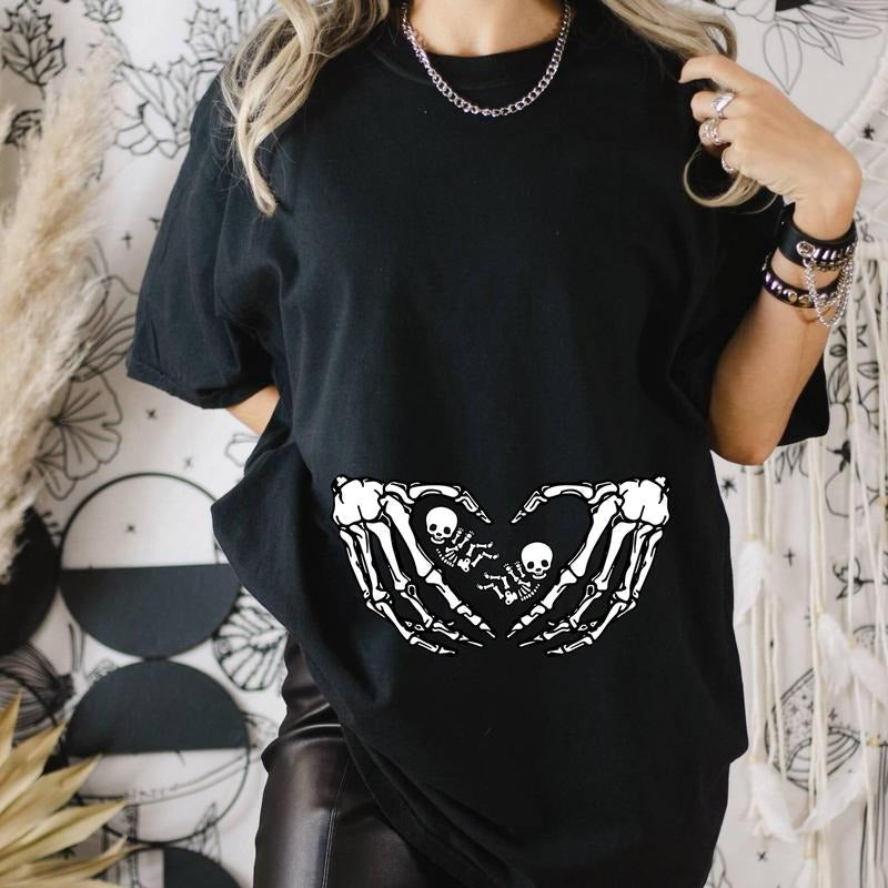 Pregnant Twins Skeleton Shirt, Twins Skeleton Baby Halloween Maternity Shirt, Pregnancy Mom Gift Maternity Shirt With...