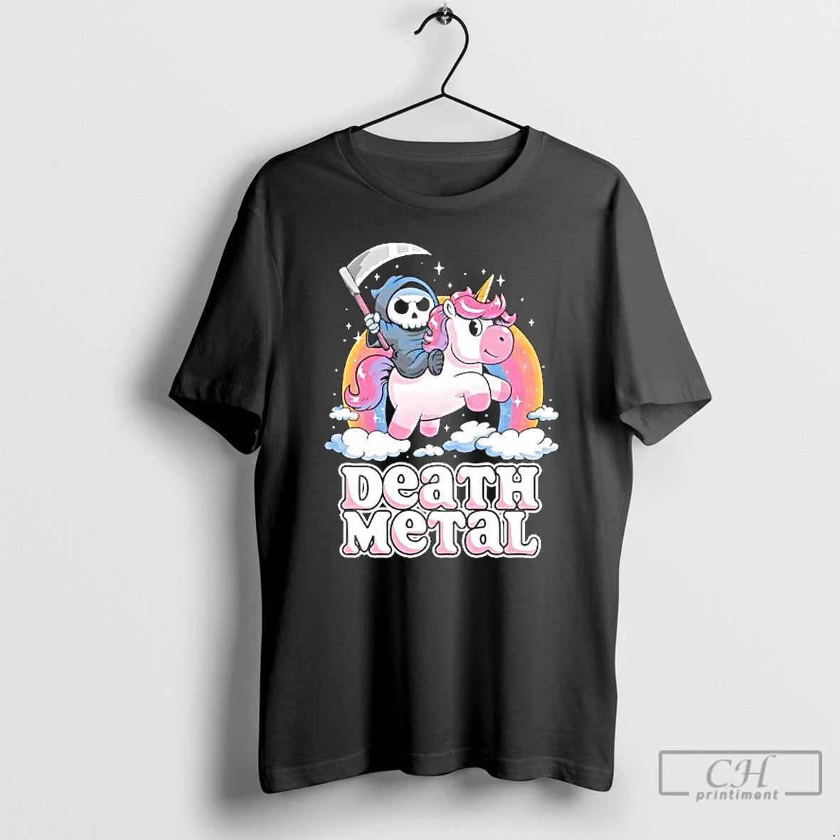 Premium Death Metal Grim Reaper Riding Unicorn Cartoon T-Shirts, Hoodie, Sweatshirt | RetroVerseTees.com