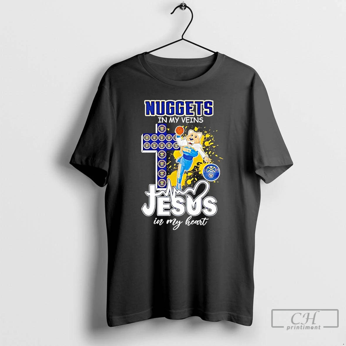Premium Denver Nuggets In My Veins Jesus In My Heart Mascot T-Shirts, Hoodie, Sweatshirt | RetroVerseTees.com