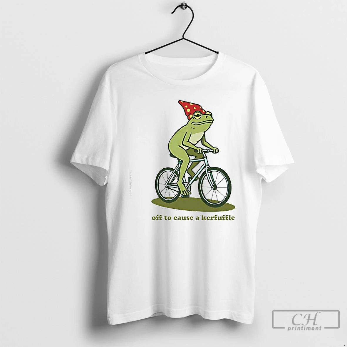Premium Frog Gnome Hat Riding Bicycle Off To Cause A Kerfuffle T-Shirts, Hoodie, Sweatshirt | RetroVerseTees.com