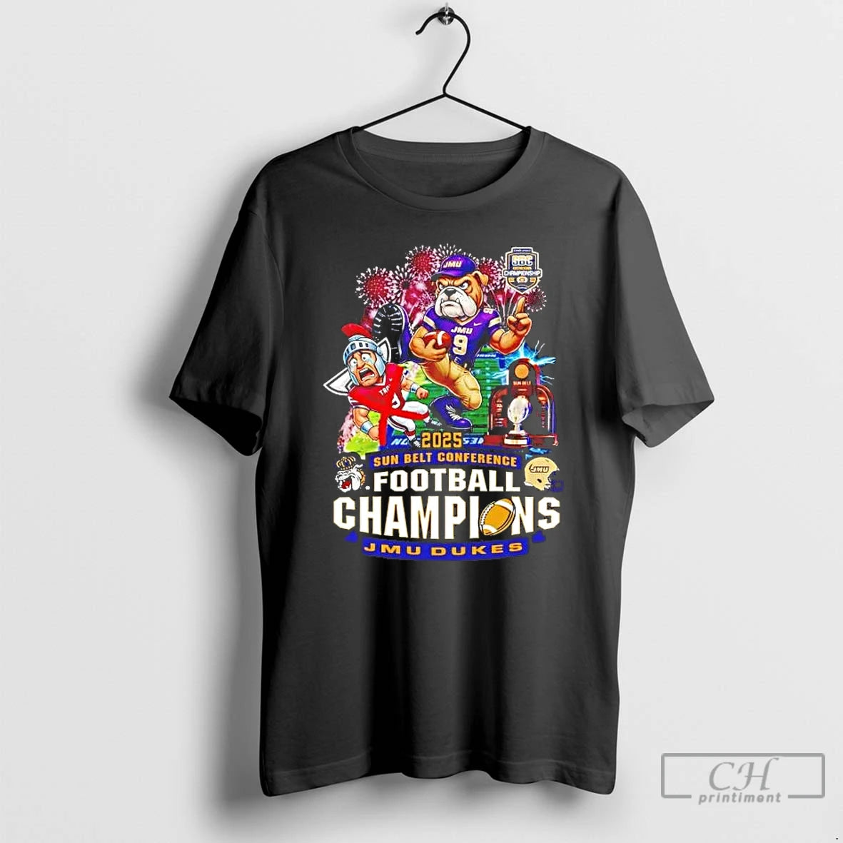 Premium James Madison Dukes 2025 Sun Belt Conference Champions Mascot T-Shirts, Hoodie, Sweatshirt | RetroVerseTees.com
