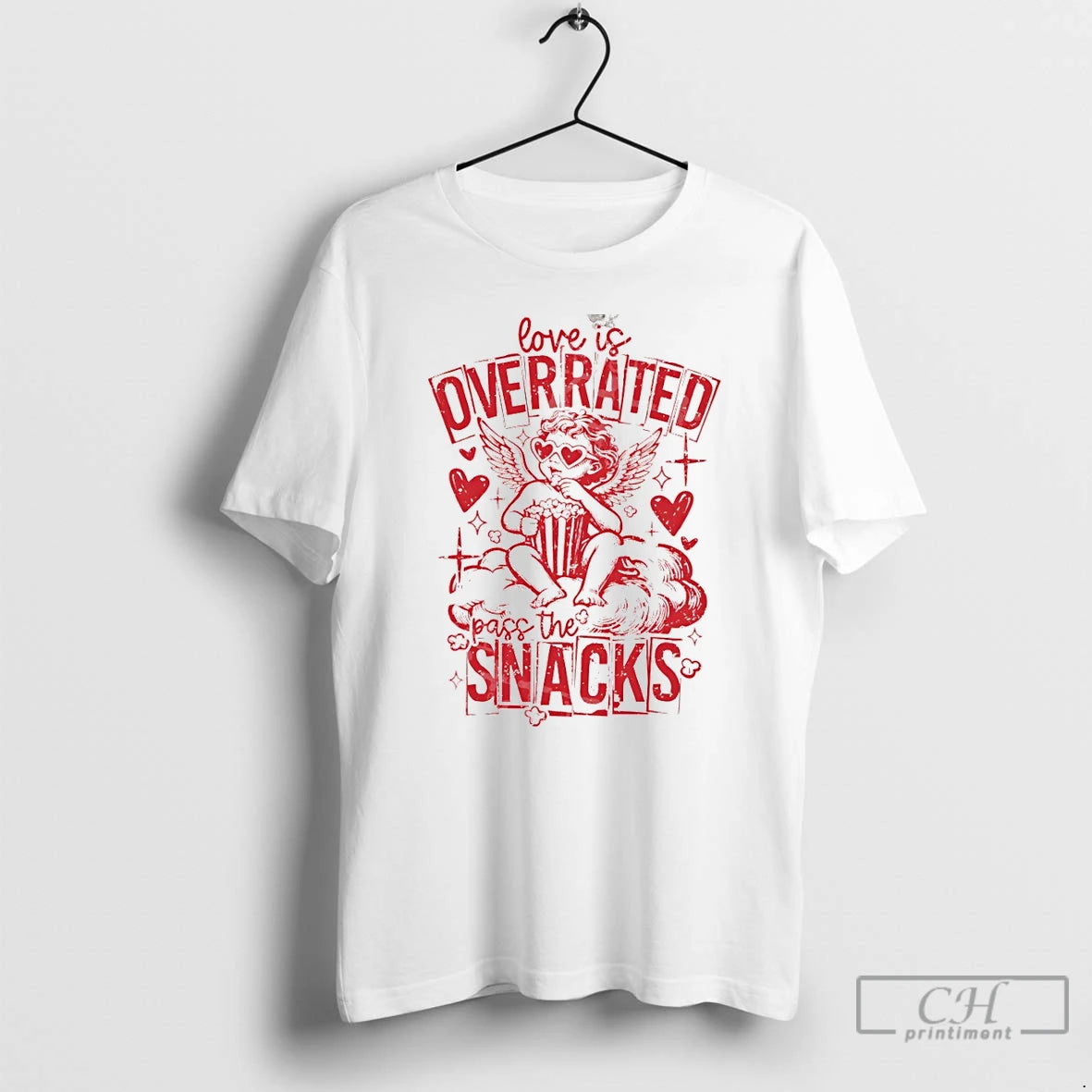 Premium Love Is Overrated Pass The Snacks Valentines Day T-Shirts, Hoodie, Sweatshirt | RetroVerseTees.com
