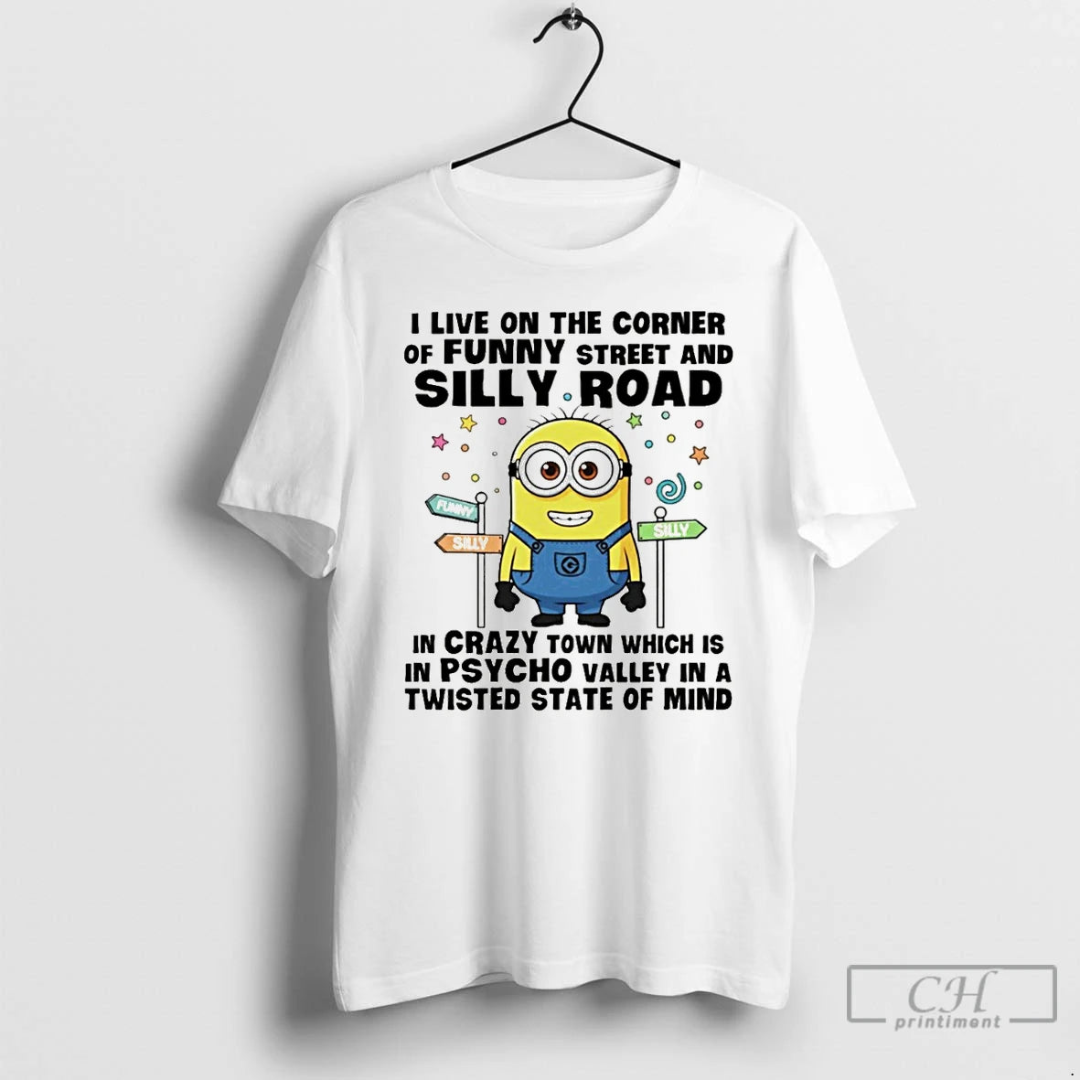 Premium Minion I Live On The Corner Of Funny Street And Silly Road In Crazy T-Shirts, Hoodie, Sweatshirt | RetroVerseTees.com
