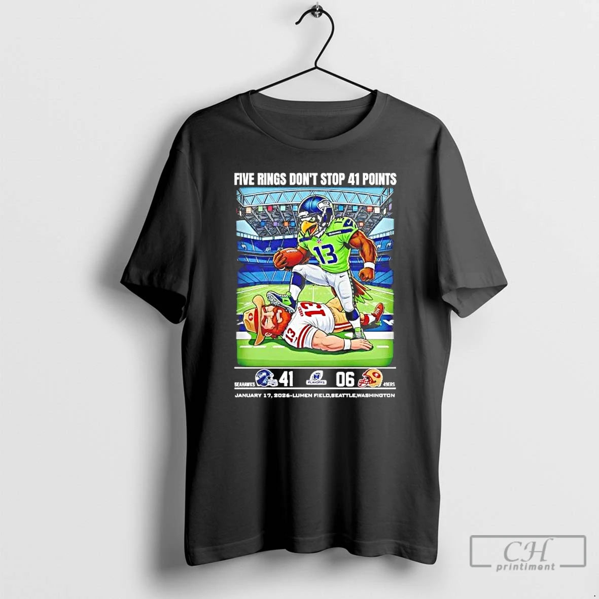 Premium Seahawks Beat 49ers Fiver Rings Dont Stop 41 Points 2026 T-Shirts, Hoodie, Sweatshirt | RetroVerseTees.com