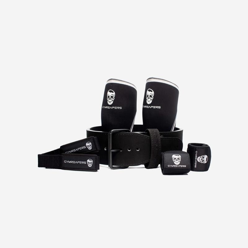 Premium Single Prong Strength Kit by Gymreapers - Black: 10mm Belt, 7mm Knee Sleeves, Wrist Wraps & Lifting Straps...