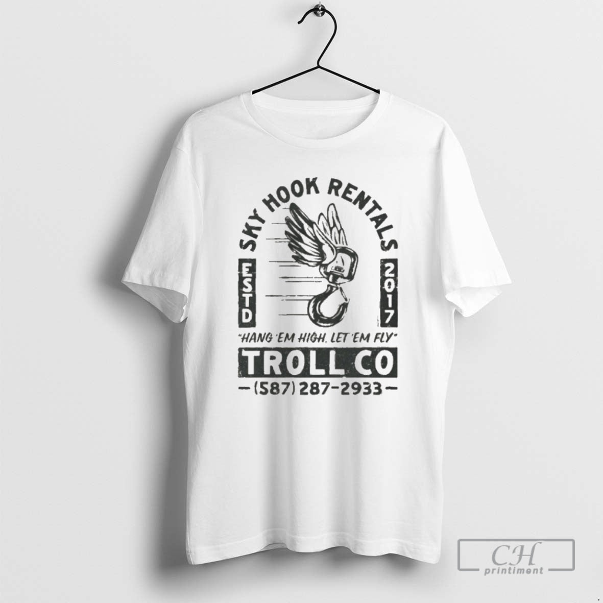 Premium Troll Co Sky Hook Rentals Hang Em High Let Em Fly High Shirt Sweater Hoodie, Sweatshirt | RetroVerseTees.com