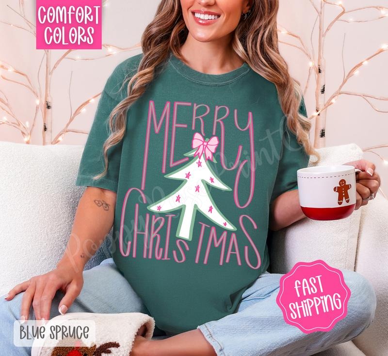 Preppy Merry Christmas Comfort Colors, Trendy Women's Holiday Tshirt Hoodie, Sweatshirt | RetroVerseTees.com