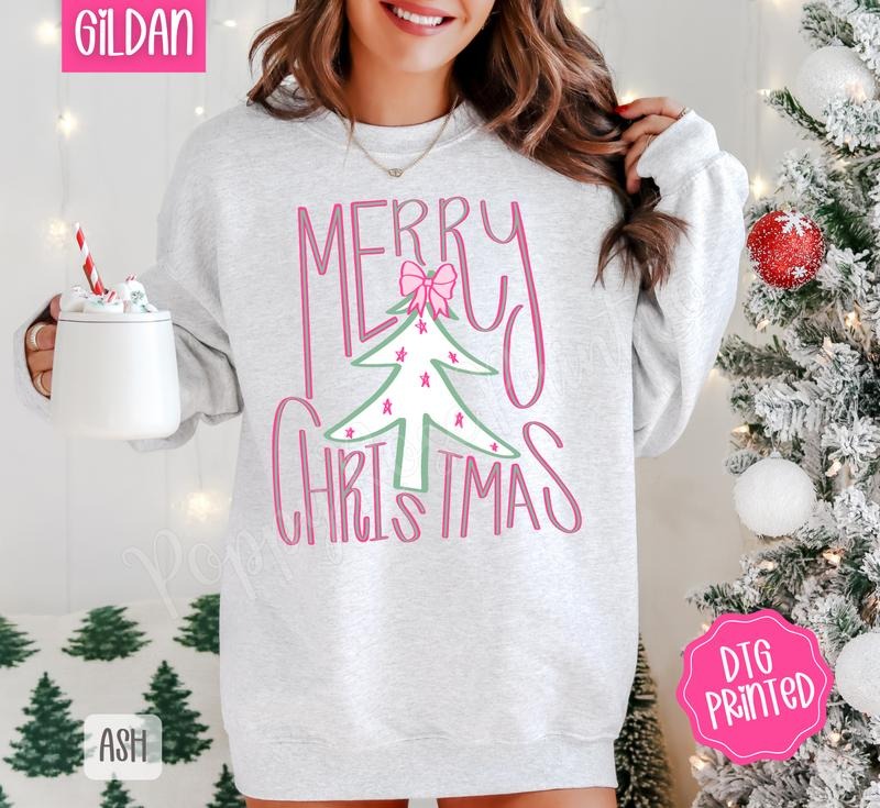 Preppy Merry Christmas Sweatshirt, Trendy Women's Holiday Crewneck T-Shirts, Hoodie | RetroVerseTees.com