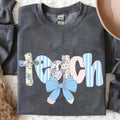 Preppy Teacher Floral Coquette Shirt, Teach Blue Floral T-shirt, Everyday Pencil Bow Sweat, Teacher Appreciation Gift, ...