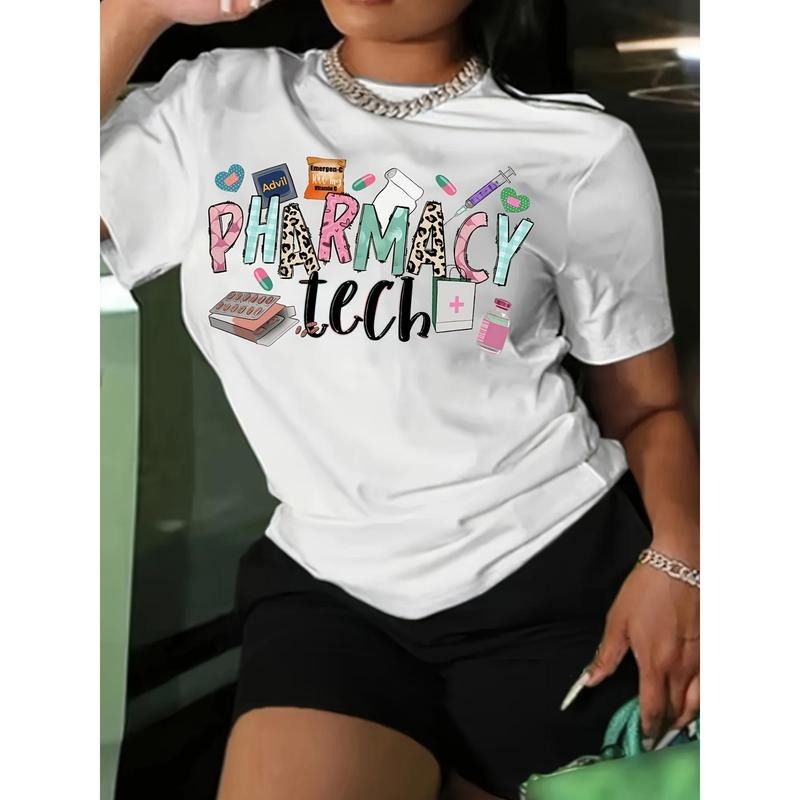 [Print Crew Neck T-Shirt] Pharmacy Teach Print Crew Neck T-Shirt, Casual Short Sleeve Top for Spring & Summer, Women'WB...