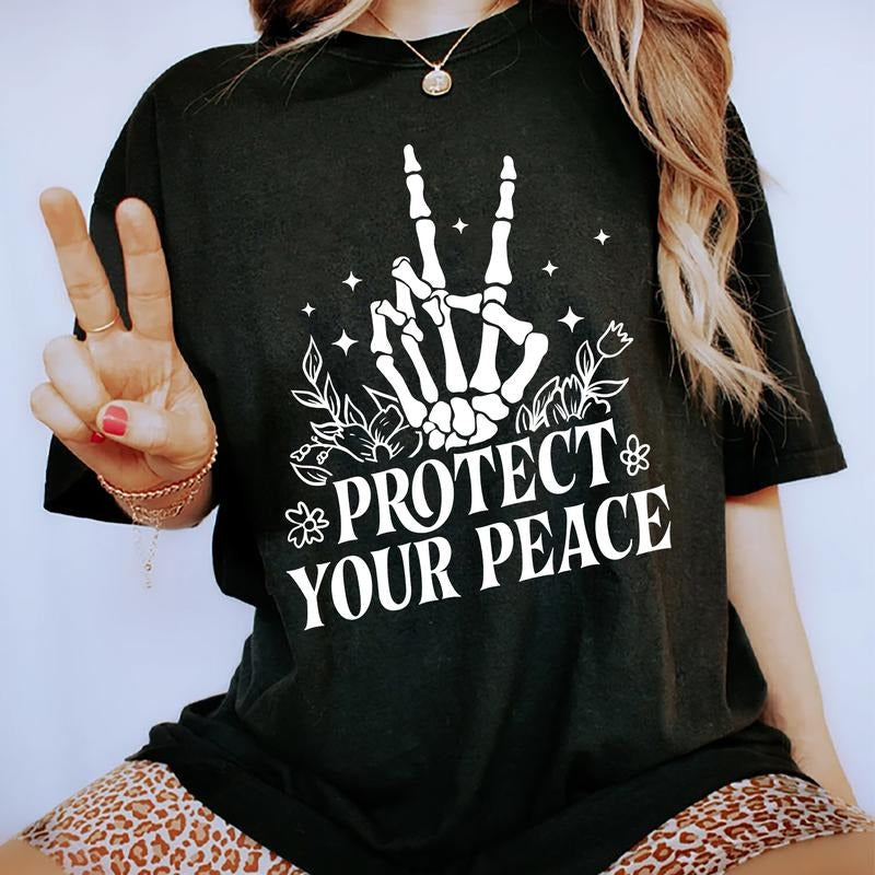 Protect Your Peace Shirt, Mental Health T-shirt, Positive Women Tee, Floral Peace Sign Graphic Printed T-shirt, Cotton...