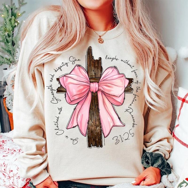 Proverbs She is Clothed with Strength Coquette Bow Light Pink Sweatshirt, Preppy Design, Coquette Bow Design, Bible...