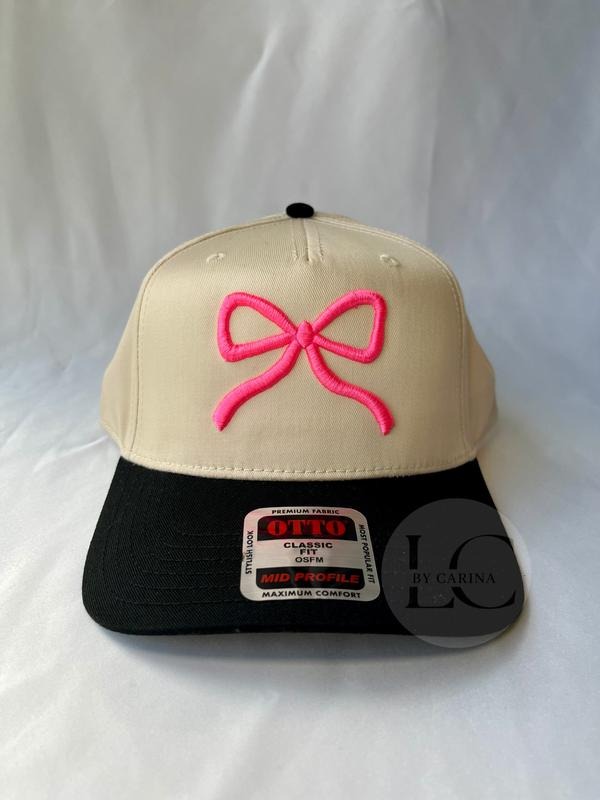 Puff Bow Embroidered Hat | Pink Bow Trucker Cap | 3D Embroidery Two-Tone Hat | Coquette Aesthetic Hat | Cute Girly Cap |...