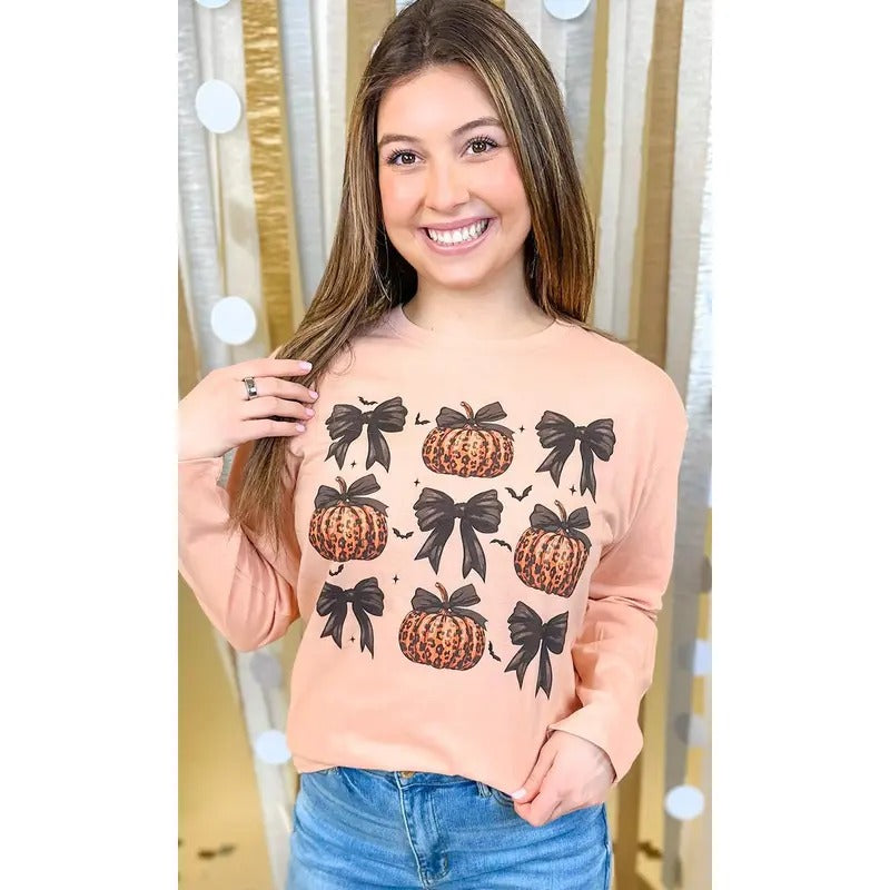 Pumpkin Bows Long Sleeve Graphic T-Shirt Hoodie, Sweatshirt | RetroVerseTees.com
