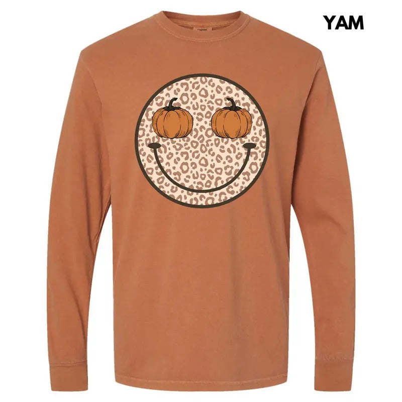 Pumpkin Leopard Happy Face Long Sleeve Comfort Colors T-Shirt 'NLB' Hoodie, Sweatshirt | RetroVerseTees.com
