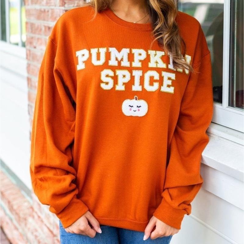 'Pumpkin Spice' Letter Patch Crewneck Sweatshirt T-Shirts, Hoodie | RetroVerseTees.com