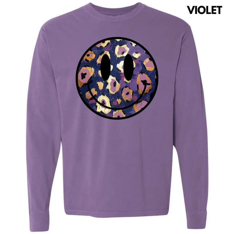 Purple & Gold Cheetah Happy Face Long Sleeve Comfort Colors T-Shirt 'NLB' Hoodie, Sweatshirt | RetroVerseTees.com