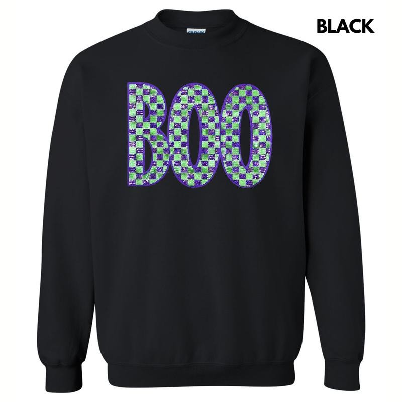 Purple & Green BOO Sequin Patch Sweatshirt T-Shirts, Hoodie | RetroVerseTees.com