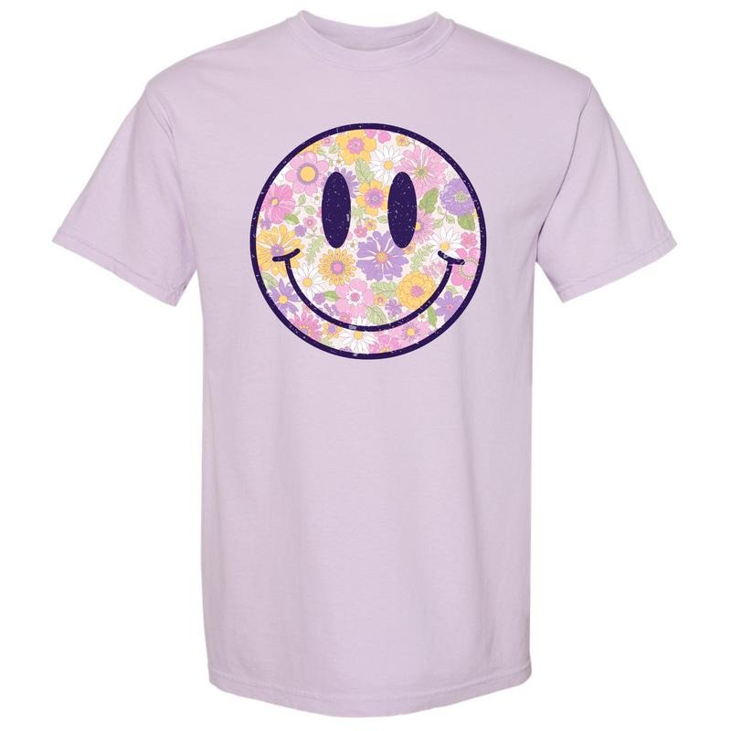 Purple Flowers Happy Face Comfort Colors T-Shirt *NLB* Hoodie, Sweatshirt | RetroVerseTees.com