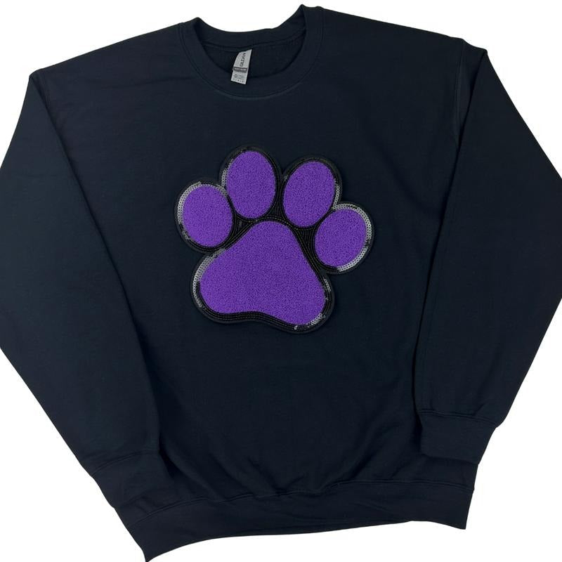 Purple Paw Chenille Patch Sweatshirt -- BLACK T-Shirts, Hoodie | RetroVerseTees.com