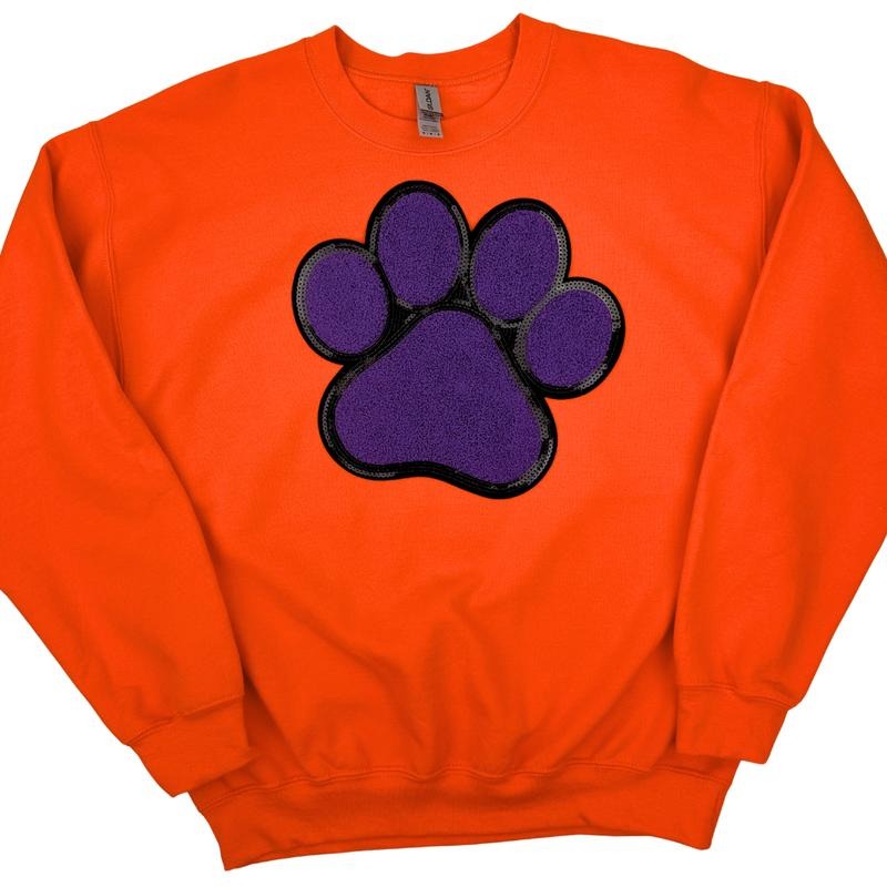 Purple Paw Chenille Patch Sweatshirt -- ORANGE T-Shirts, Hoodie | RetroVerseTees.com
