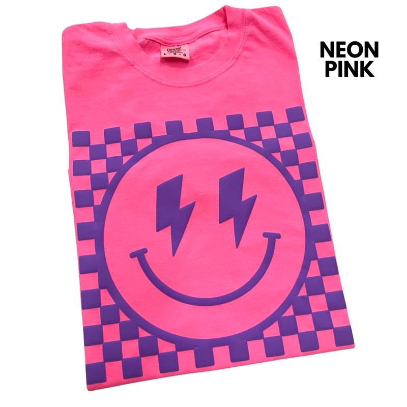 Purple Puff Checkered Happy Face Comfort Colors T-Shirt Hoodie, Sweatshirt | RetroVerseTees.com