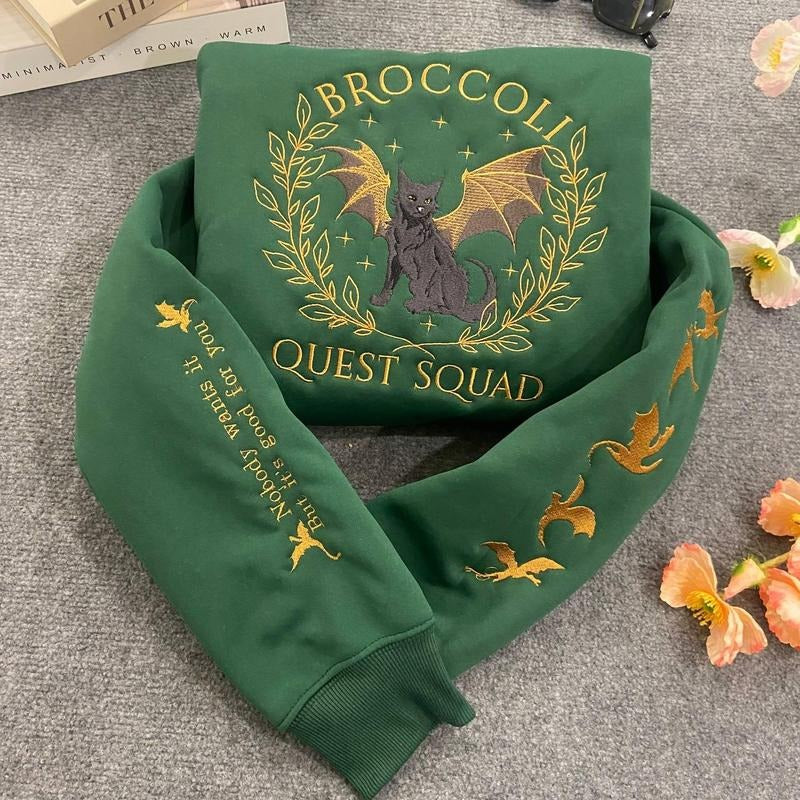 Quest Squad Broccoli Embroidered Sweatshirt, Onyx Storm, Basgiath War College, Dragon Rider, Bookish Gift T-Shirts, Hoodie