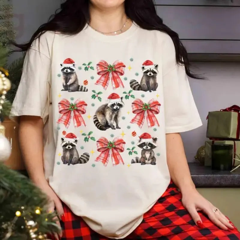 Raccoon Hat Santa Christmas Tshirt, Raccoon Meme Tshirt, Christmas Coquette Bow Sweatshirt, Raccoon Christmas Tshirt,...