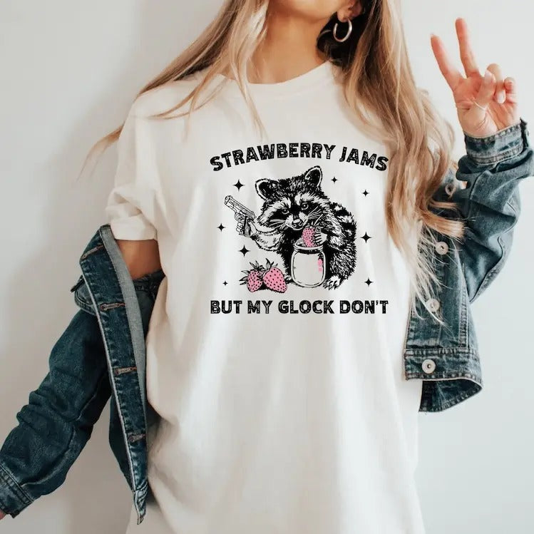 Raccoon Tshirt, Strawberry Jams But My Gl*ck Dont, Funny Raccoon Shirt, Funny Meme T-Shirt Top Womenswear Comfort...