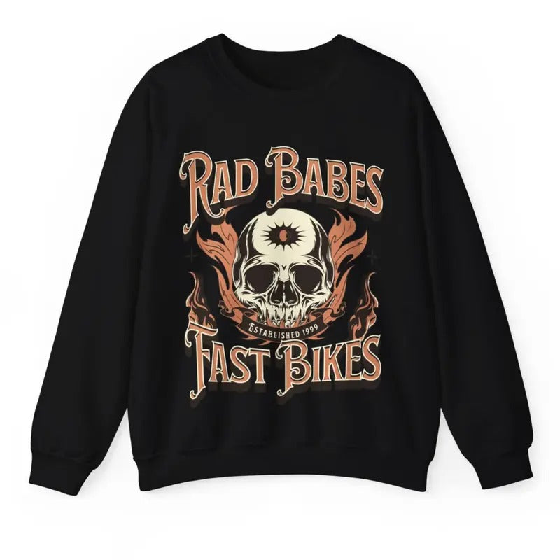 Rad Babes Fast Bikes Vintage Graphic Sweatshirt, Skull Motorcycle Tee, Trendy Aesthetic Retro Bike Mothers Day Gift Hoodie