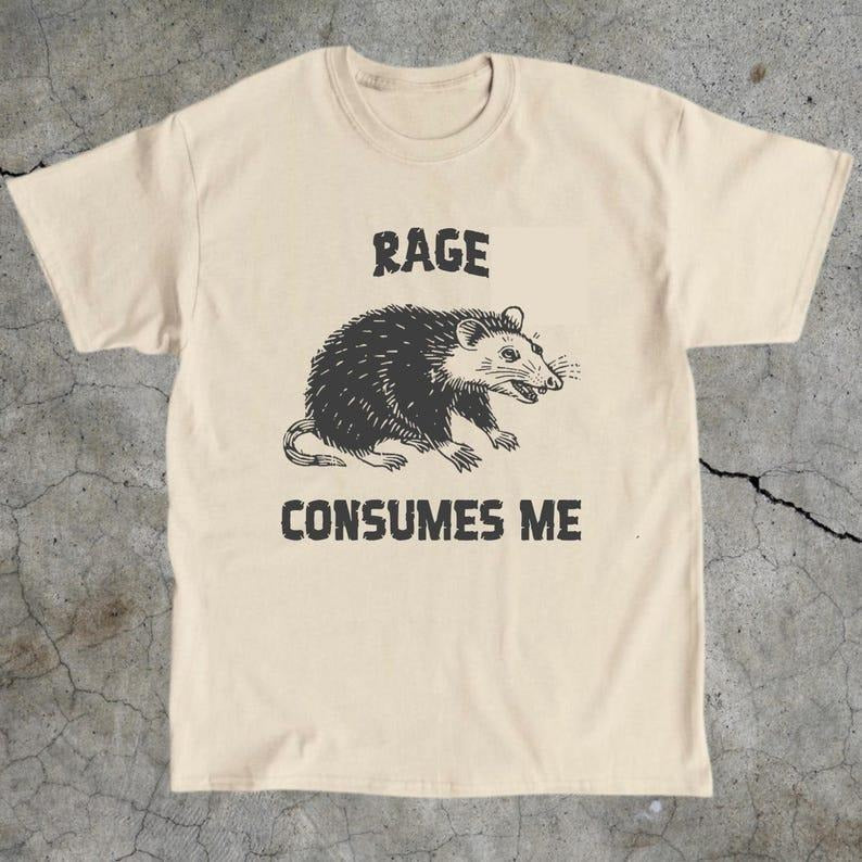 Rage Consumes Me Unisex Tee, Funny Meme Graphic T-Shirt, Weird Opossum T-Shirt, Humorous Animal Top, Cotton Tee for Men...