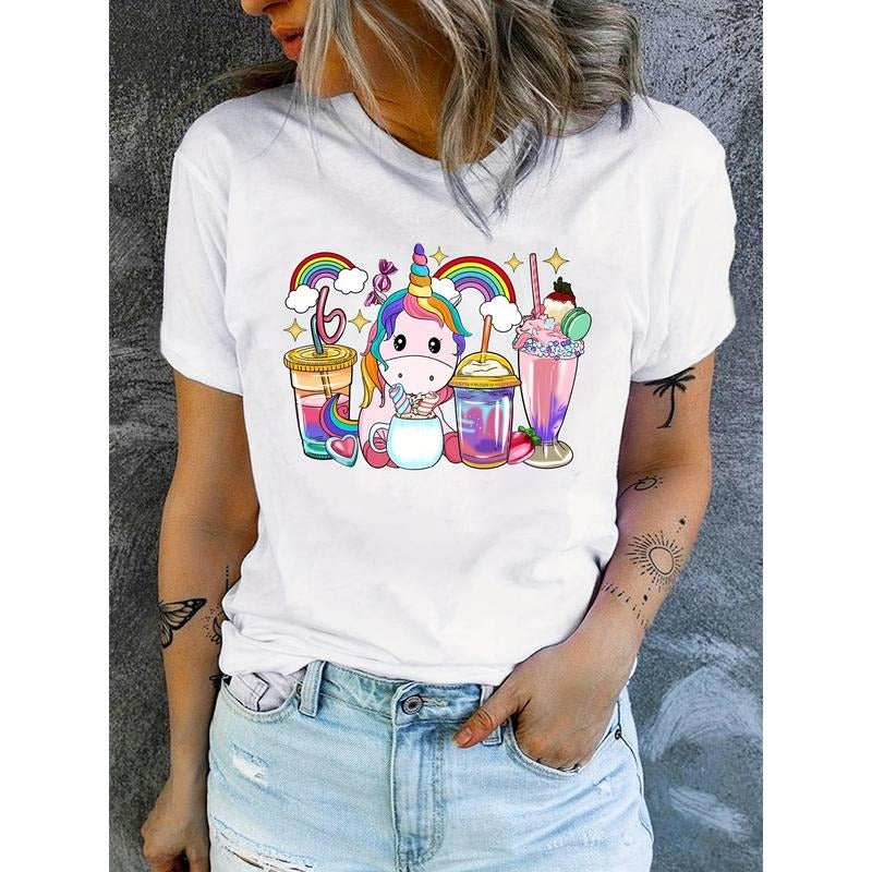 Rainbow & Unicorn Print T-Shirt, Short Sleeve Crew Neck Casual Top For Summer & Spring, Women'WB shield Clothing style 02...